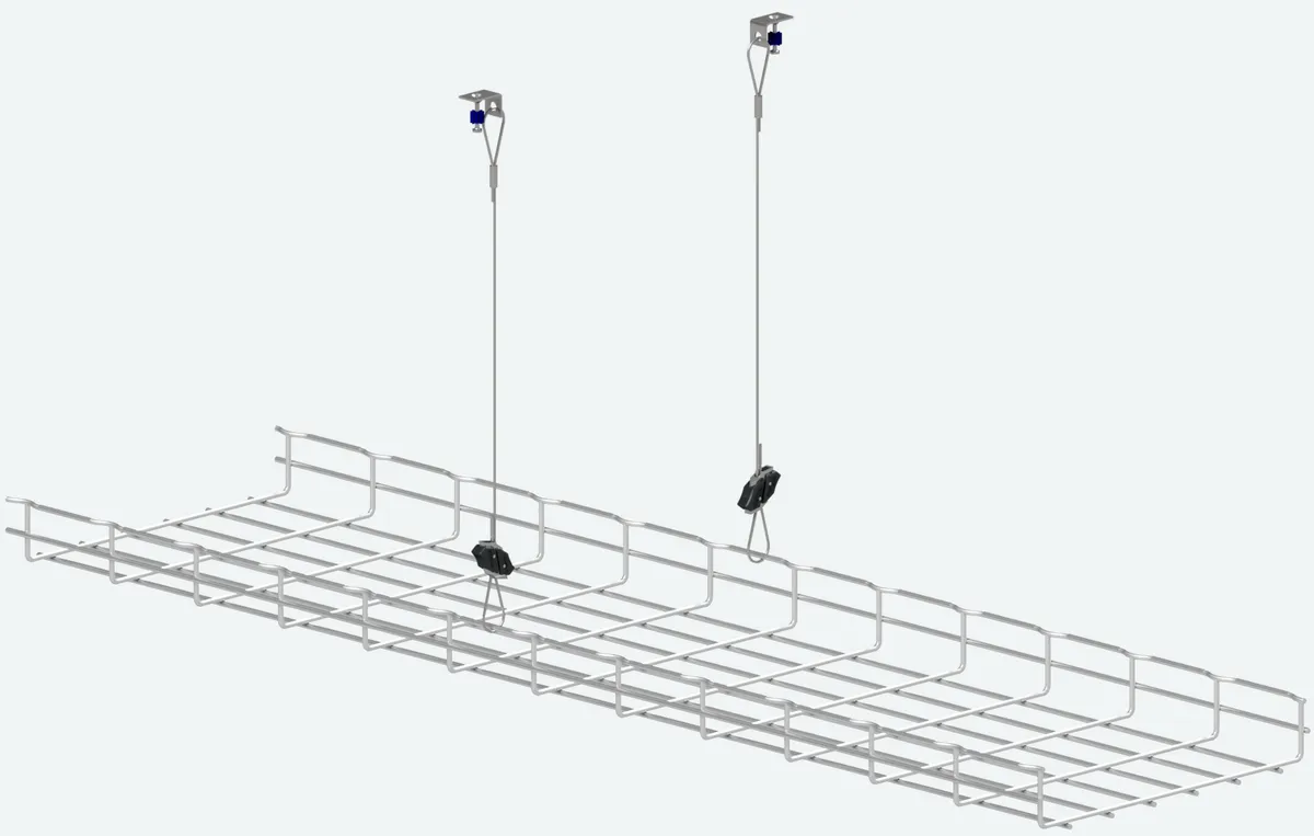 Basket tray carried on cable assemblies