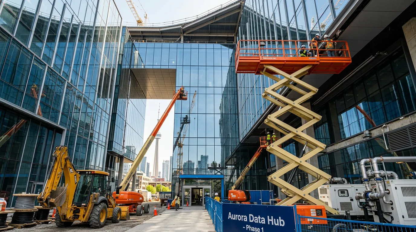 Crew on a scissor lift at the glass facade of a commercial building under construction