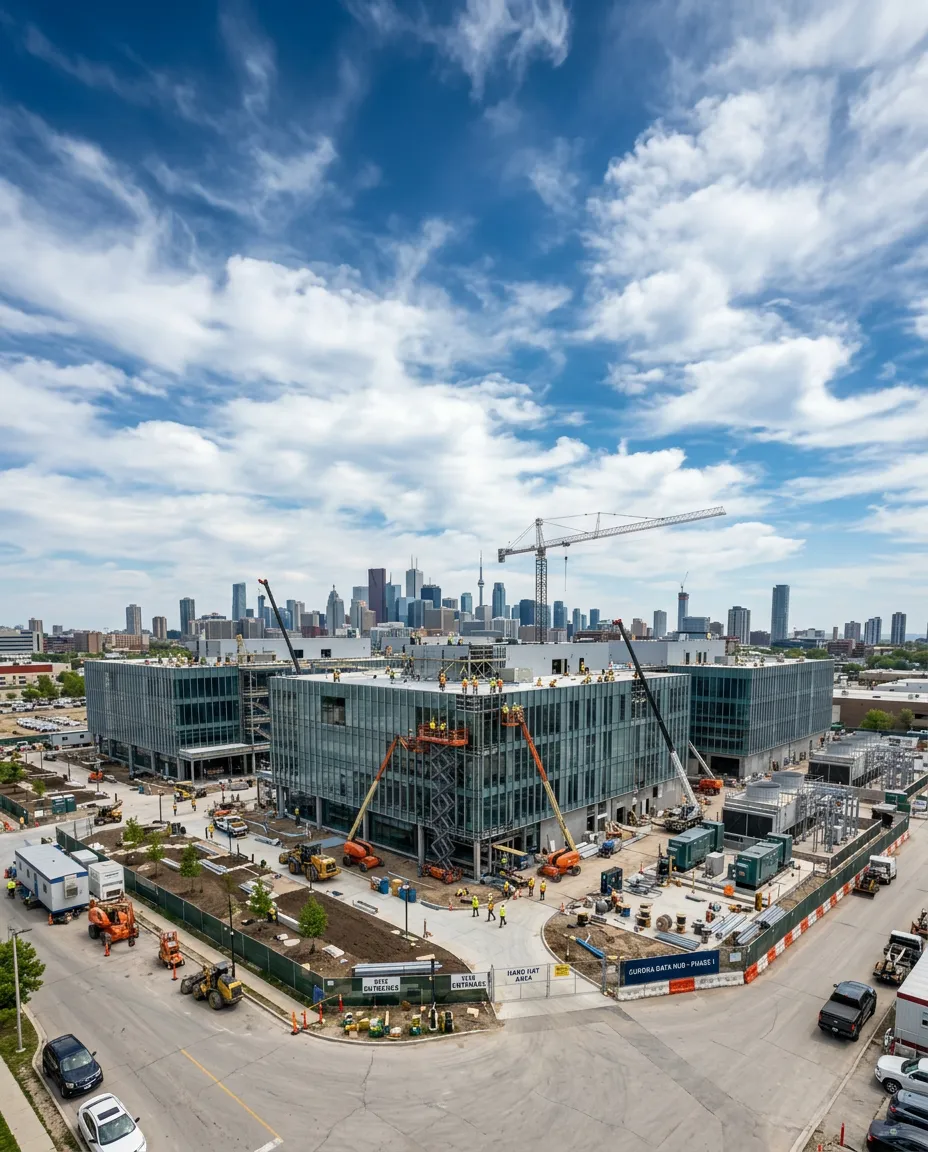 Aerial view of a multi-building construction site under a clouded sky