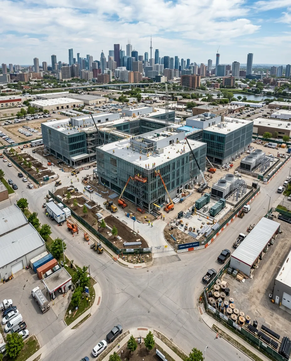 High aerial view of a construction site and the surrounding industrial blocks