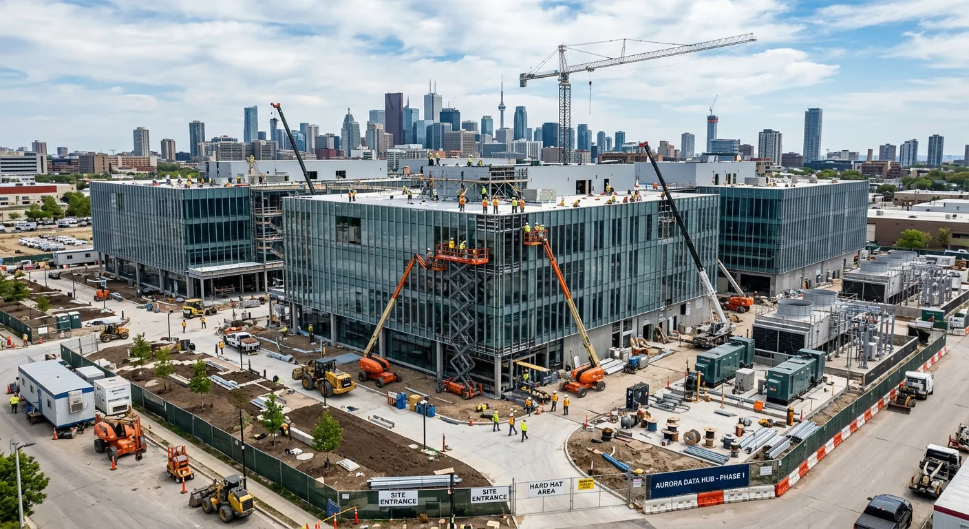 Aerial view of a commercial construction site, tower crane and lifts against a city skyline
